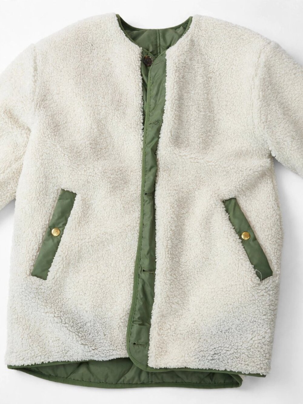 J.Crew Reversible Sherpa Coat White Boucle Olive Quilted — Size S